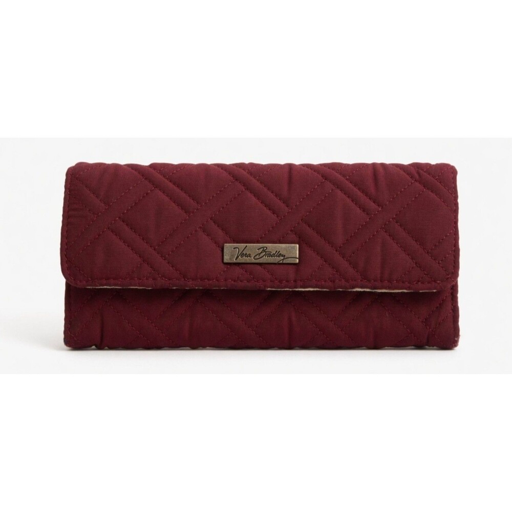 Vera Bradley Quilted Trifold Wallet Burgundy Wine Card Slots ID Window Coin Zip